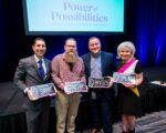 Southwest Autism Research and Resource Center's 27th Annual Community Breakfast presenting the new Arizona Support Autism license plate. From left to right : Daniel Openden, President and CEO of SARRC; Joe Bradley, Support Autism license plate artist; Arizona state senator Flavio Bravo (D) District 26; and Denis Resnik, founder, president and CEO of First Place AZ hold their own personalized license plates. The event was held in the Frank Lloyd Wright Ballroom at the Arizona Biltmore Resort on April 17, 2025. (Photo Courtesy of SARRC)