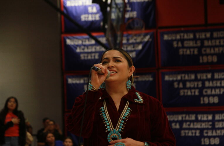 Miss Native MCC and Miss Native MCC 1st attendant act as masters of ceremony for “Rezball night” at Mountain View High School