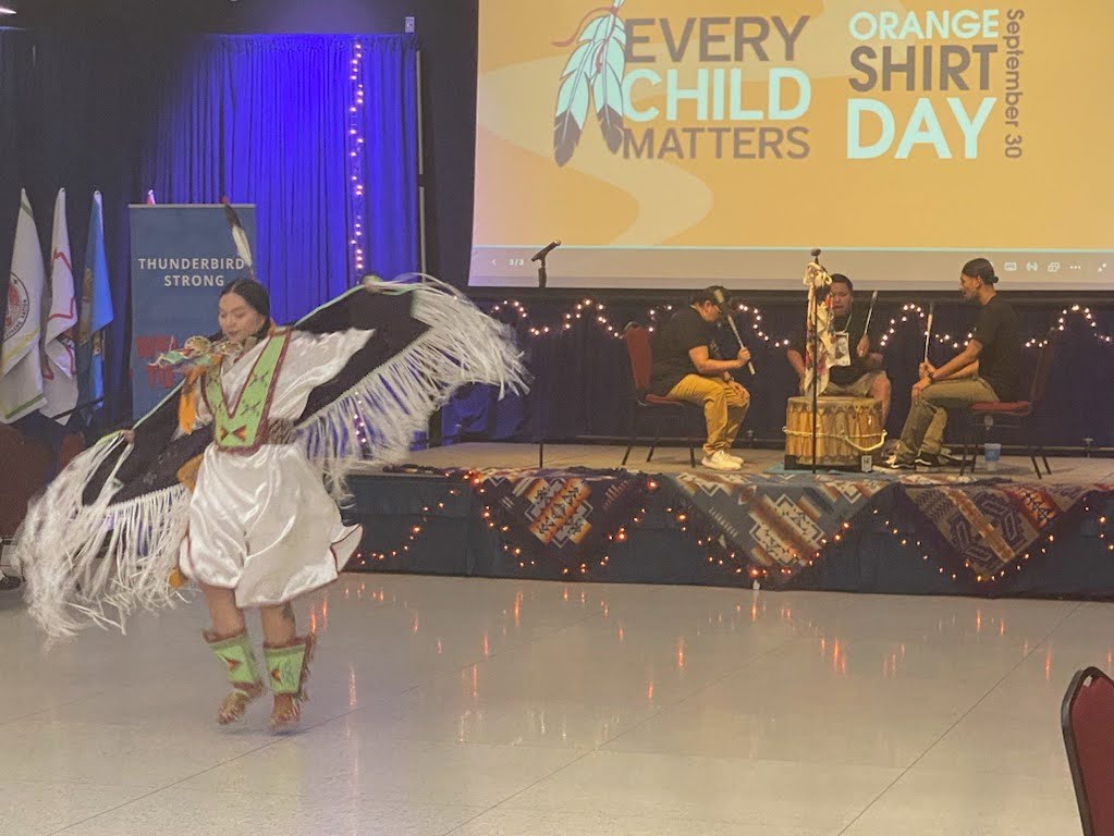 Renae Blackwater performs a powwow dance with accompaniment from Northern Avenue during the Orange Shirt Day Open Mic event at Mesa Community College’s Southern and Dobson campus on Sept. 30, 2024. (Photo by Luke Hagen/The Mesa Legend)