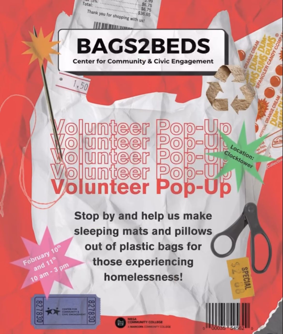 A promotional graphic posted by MCC's Center for Community and Civic Engagement on Instagram on Feb. 10, 2026 to encourage MCC students to volunteer for the 'Bags2Beds' project. (Photo: Instagram/@mesa_ccce)