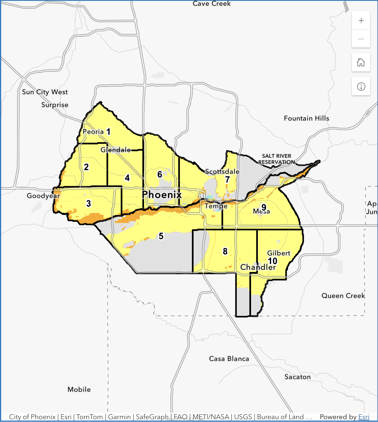 A map of SRP votable lands in districts 1 through 10. Yellow indicates eligibility to vote in the Association and the District, while grey indicates land where residents are ineligible to vote. (Photo courtesy of Salt River Project)