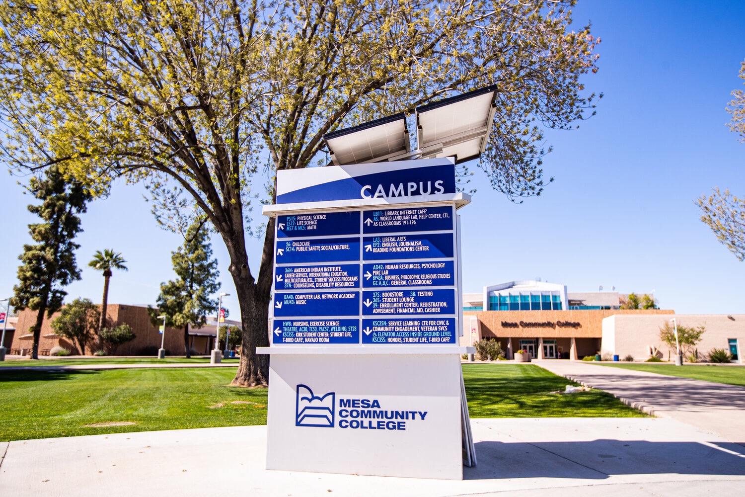 A directional sign on Mesa Community College's Southern and Dobson Campus